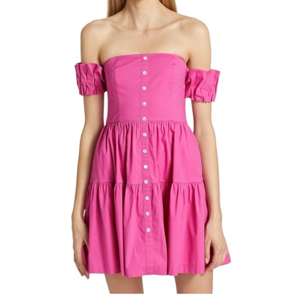 Staud Elio Off the Shoulder Mini Dress Women's Size 8 Orange Button Front Lined - Picture 16 of 16